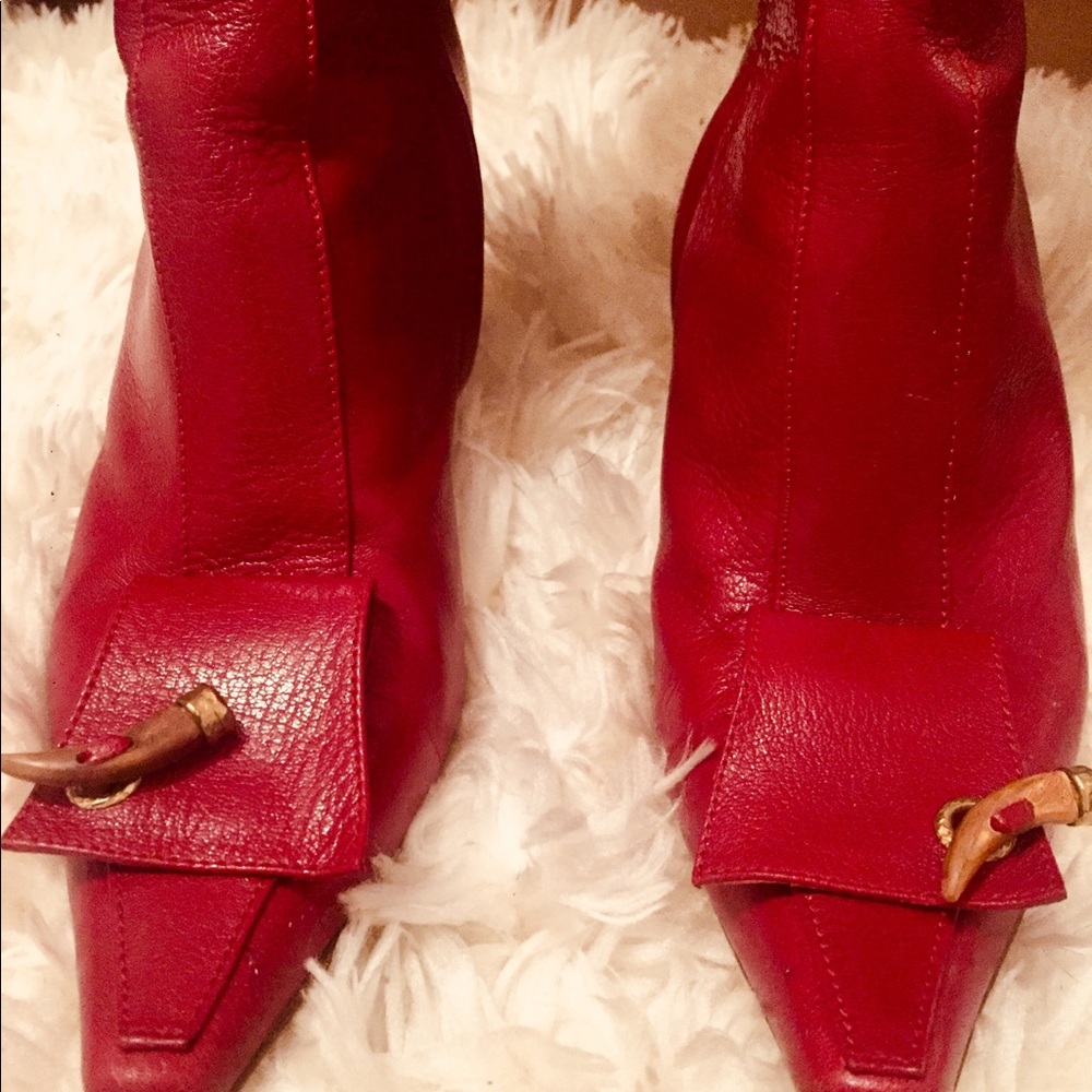 Jimmy Choo”Tracey” red leather knee high horn boot